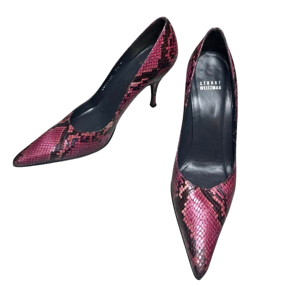 Stuart Weitzman Pink Snake Print Leather Pointed Toe Pumps Size 7.5